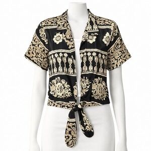 Hot Stuff Vintage 90s Women Medium Black Tan Floral Tie Front Cropped Blouse